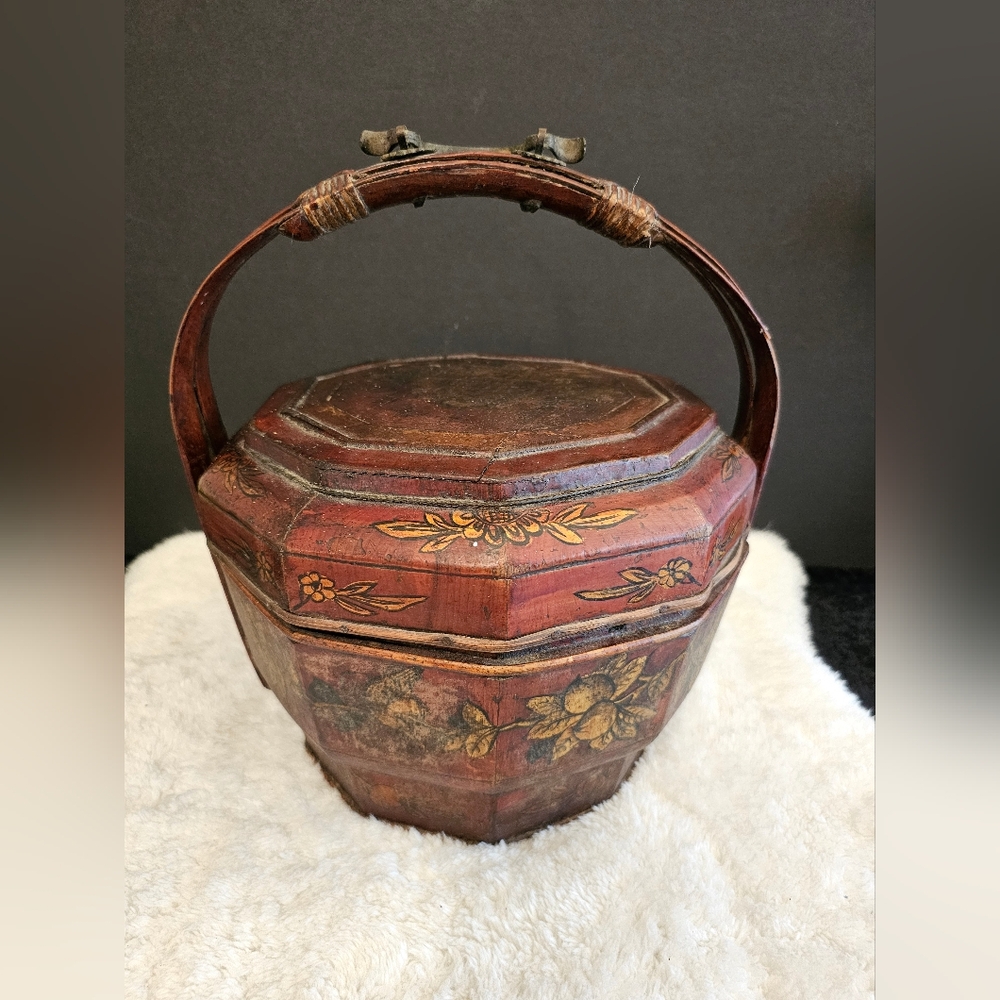 Antique Chinese Wedding Basket With Floral & Fruit Motif